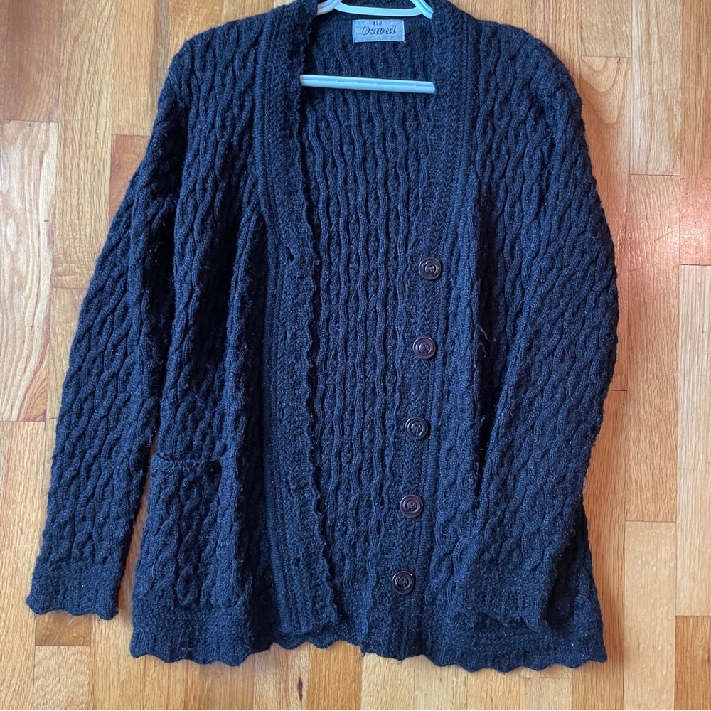 Vintage Black Cable Knit Boyfriend Cardigan Button Up Sweater by KLJ Oswal